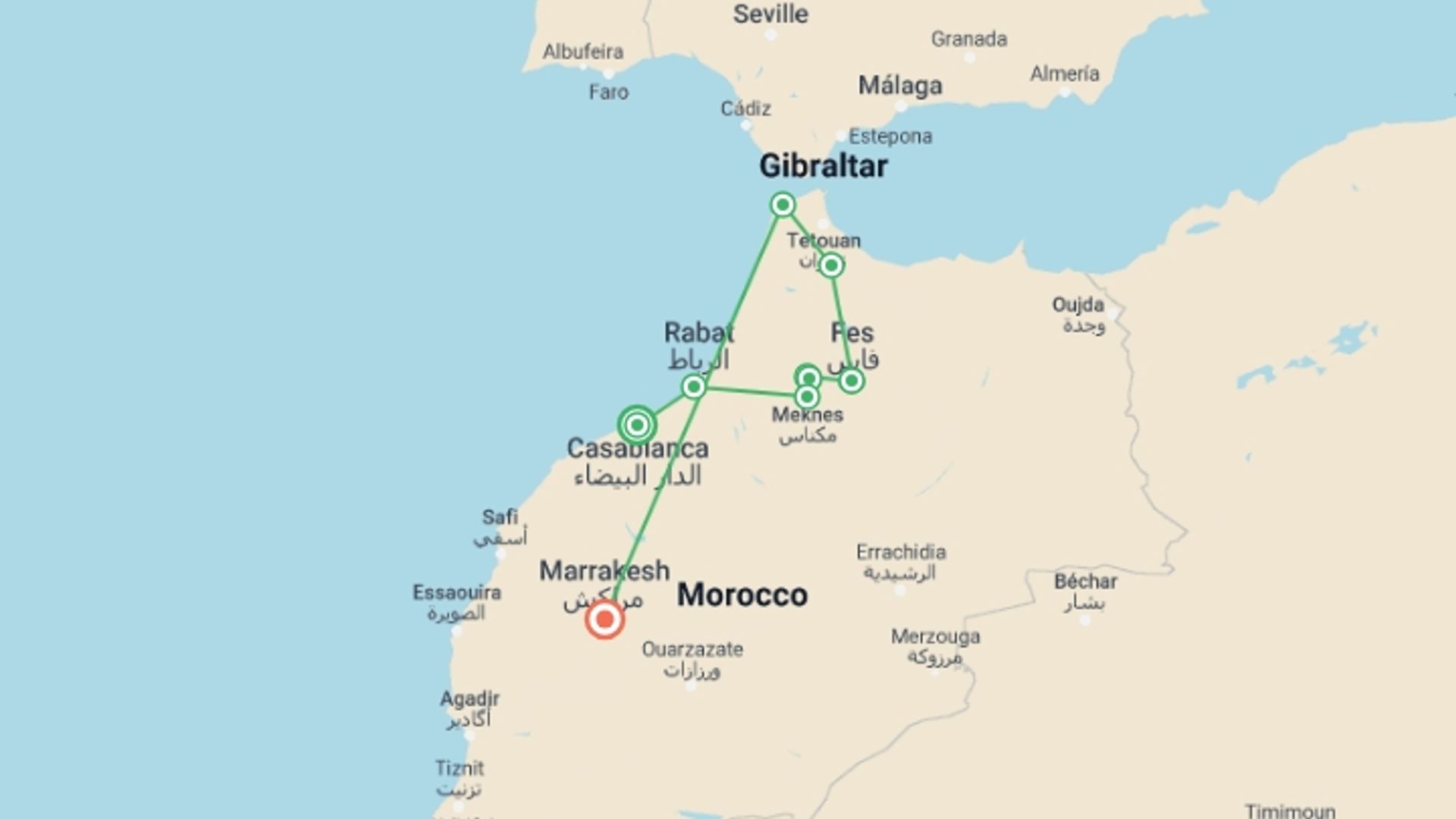 A map showing the tour itinerary for the trip: The Marrakesh Express: Hippie Tour, starting in Casablanca, Morocco and ending in Marrakech, Morocco going through 5 other destinations.