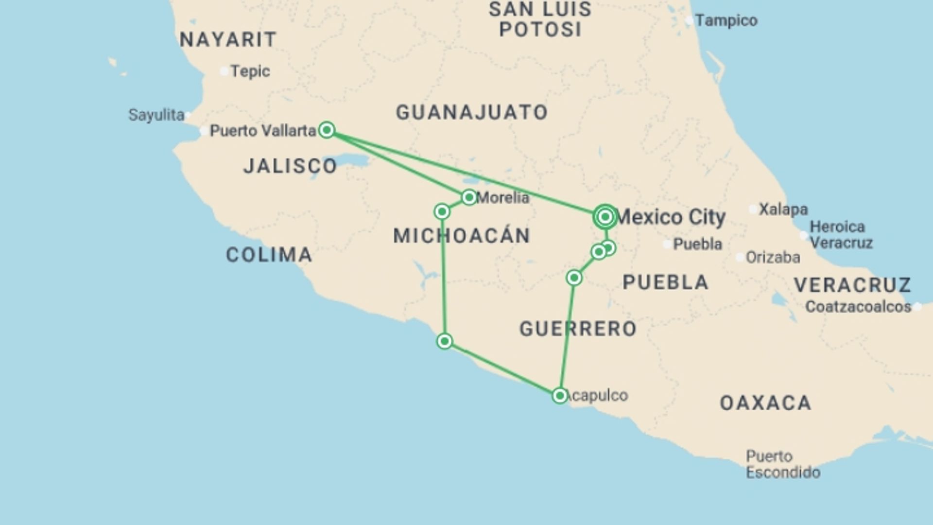 A map showing the tour itinerary for the trip: Tapatío Mexico and Acapulco, starting in Mexico City, Mexico and ending in Mexico City, Mexico going through 5 other destinations.