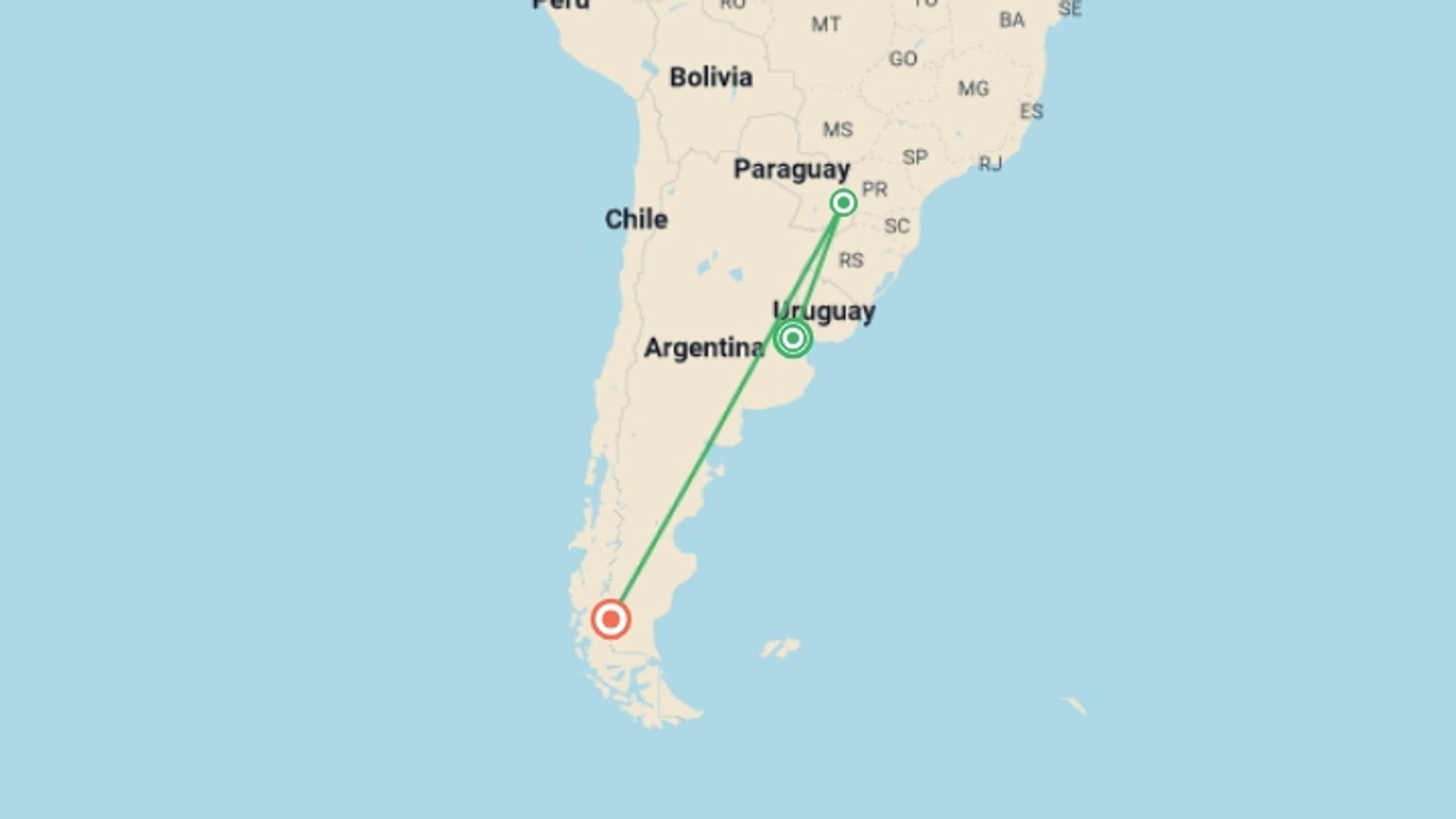 A map showing the tour itinerary for the trip: 10-day Buenos Aires, Iguazu & El Calafate Experience, Private Tour, French-speaking Guide, starting in Buenos Aires, Argentina and ending in El Calafate, Argentina going through 1 other destinations.