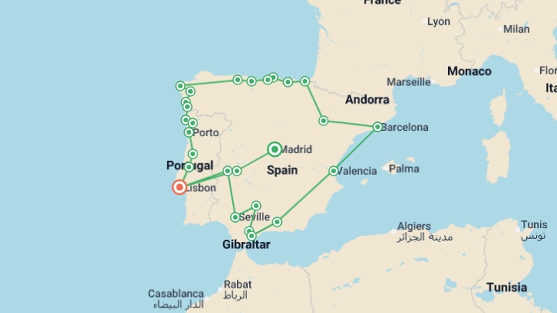 A map showing the tour itinerary for the trip: Journey Across Iberia - 21 days, starting in Madrid, Spain and ending in Lisbon, Portugal going through 14 other destinations.
