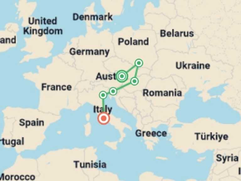 Map itinerary of Mediterranean Tour in April 2026 with 6 destination visits for the trip: Vienna to Rome Trail