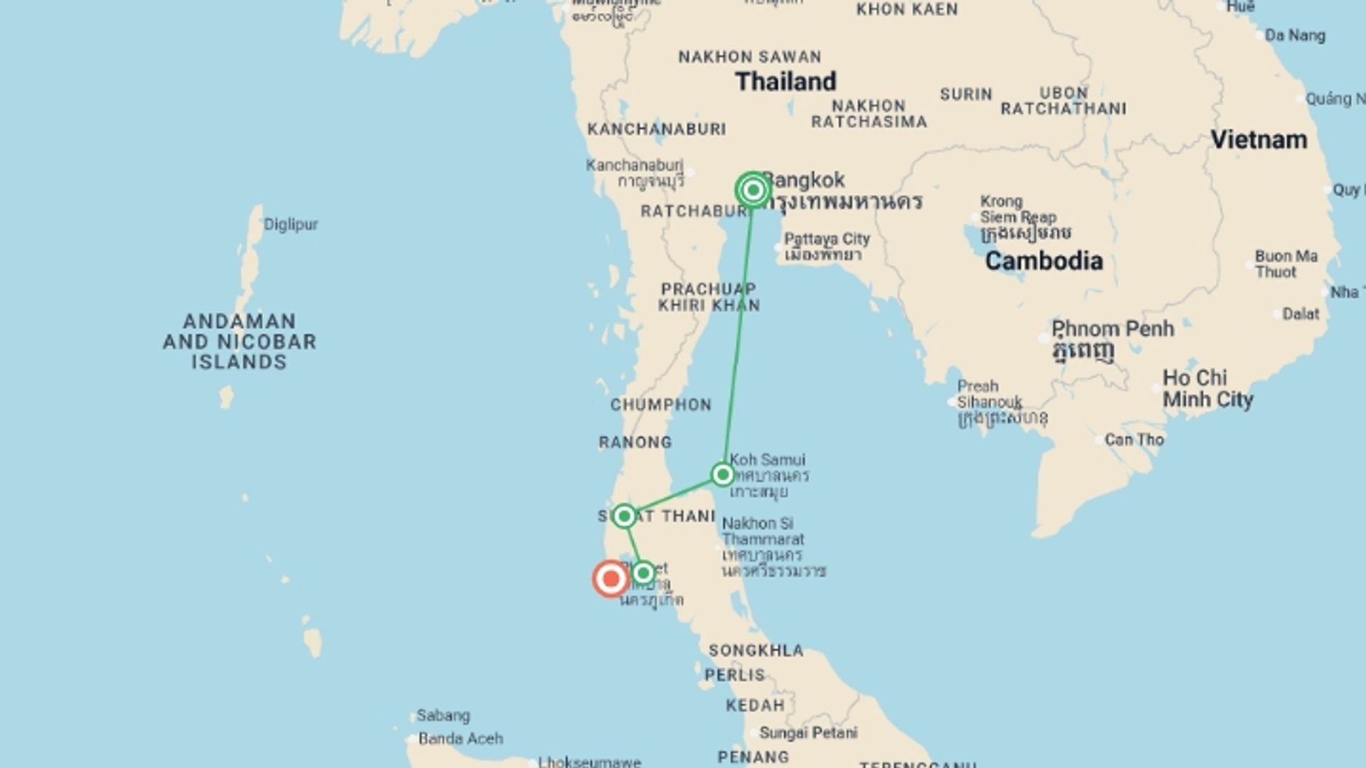 A map showing the tour itinerary for the trip: Essential Southern Thailand, starting in Bangkok, Thailand and ending in Phuket, Thailand going through 3 other destinations.