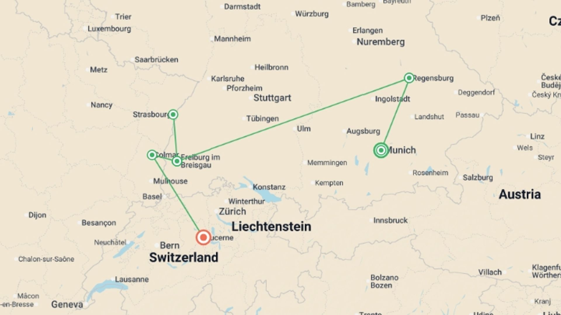 A map showing the tour itinerary for the trip: Enchanting Christmas Markets of Germany, Switzerland and France, starting in Munich, Germany and ending in Lucerne, Switzerland going through 3 other destinations.