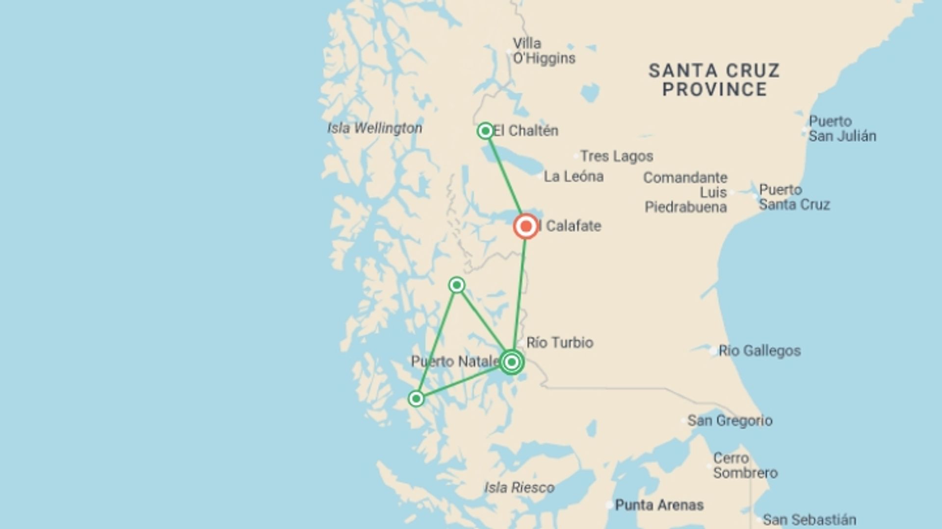 A map showing the tour itinerary for the trip: Patagonia: Turquoise Lakes & Torres del Paine, starting in Puerto Natales, Chile and ending in El Calafate, Argentina going through 3 other destinations.