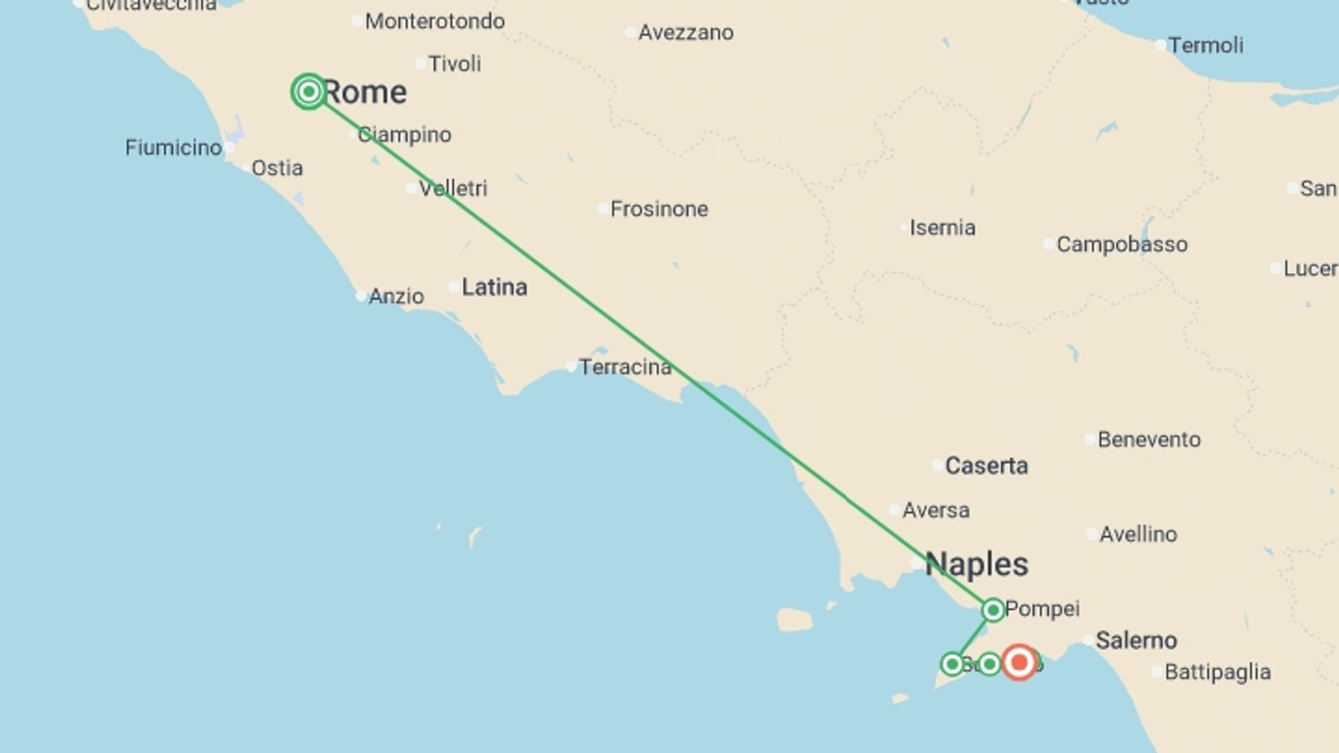 A map showing the tour itinerary for the trip: Rome to Amalfi, starting in Rome, Italy and ending in Amalfi Coast & Campania, Italy going through 3 other destinations.