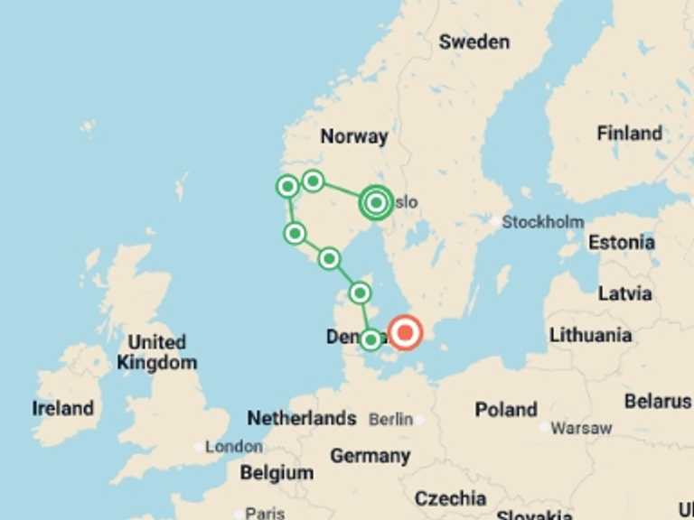 Map itinerary of Europe Tour in June 2026 with 8 destination visits for the trip: Country Roads of Scandinavia