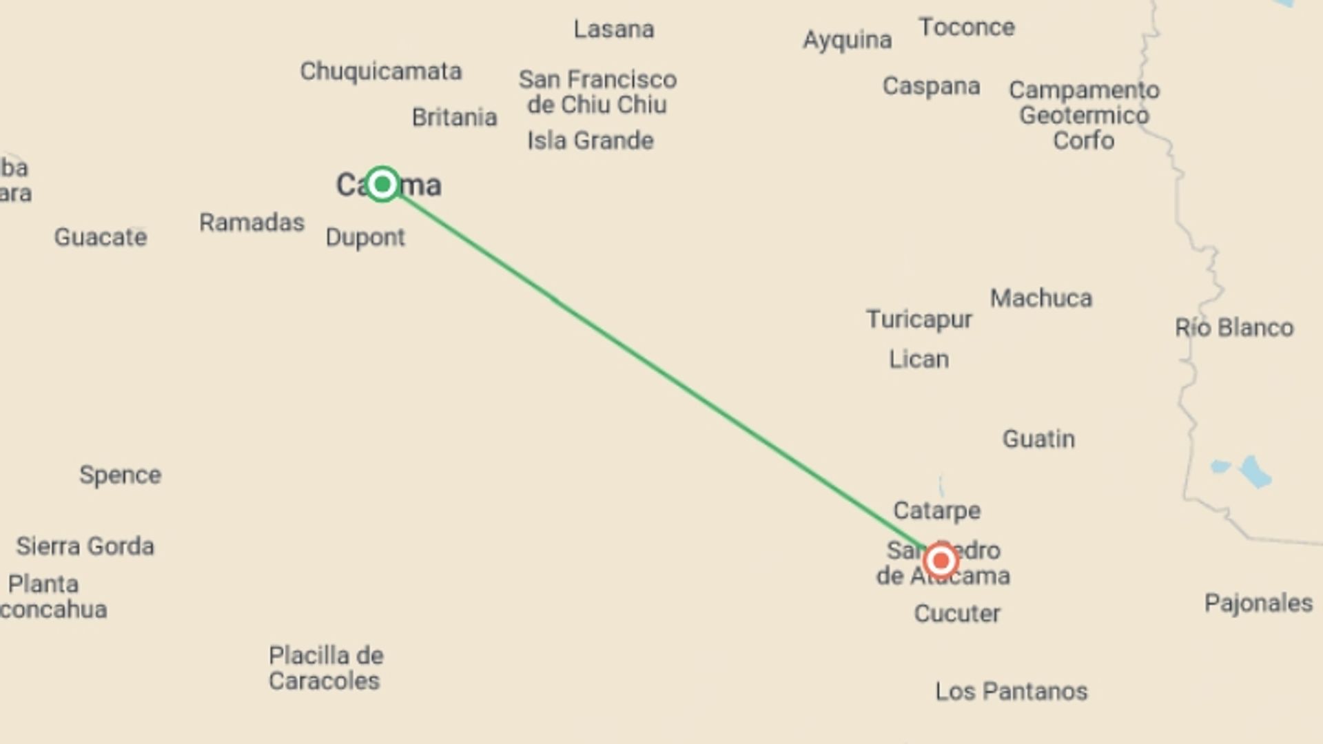 A map showing the tour itinerary for the trip: Atacama Adventure 4D/3N, starting in Calama, Chile and ending in San Pedro De Atacama, Chile going through 0 other destinations.