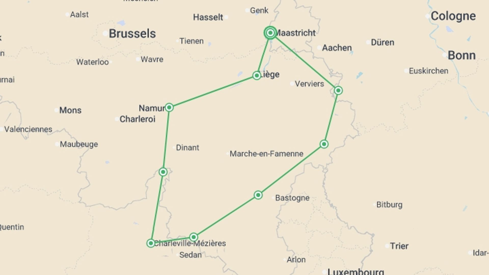 A map showing the tour itinerary for the trip: Five Countries Cycle, starting in Maastricht, Holland and ending in Maastricht, Holland going through 8 other destinations.