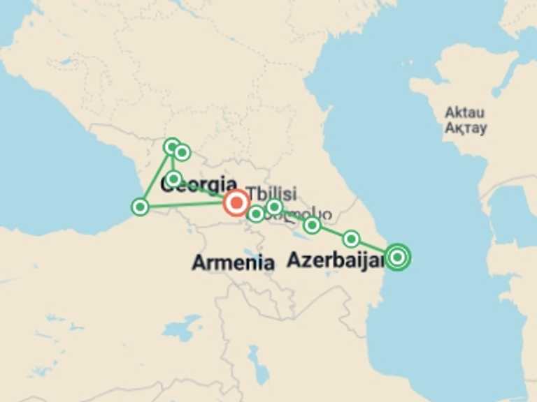 Map of a City sightseeing Tour with 10 destination visits for the trip: Azerbaijan & Georgia Experience