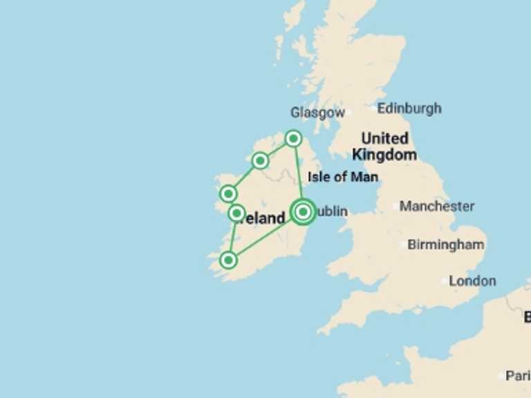 Map itinerary of Ireland Tour in August 2026 with 7 destination visits for the trip: Ireland Coast to Coast (Hotel) - 9 days