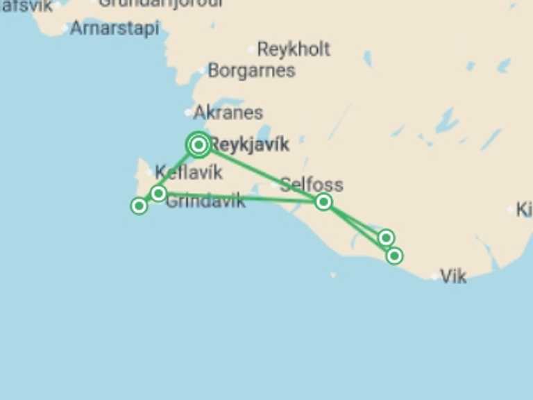 Map of Reykjavik Adventure Tour with 2 destination visits for the trip: Land of the Northern Lights Comfort - 5 days