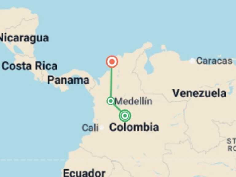 Map itinerary of South America Tour in February 2027 with 3 destination visits for the trip: 9-day Essence Of Colombia – Bogotá, Medellín & Cartagena