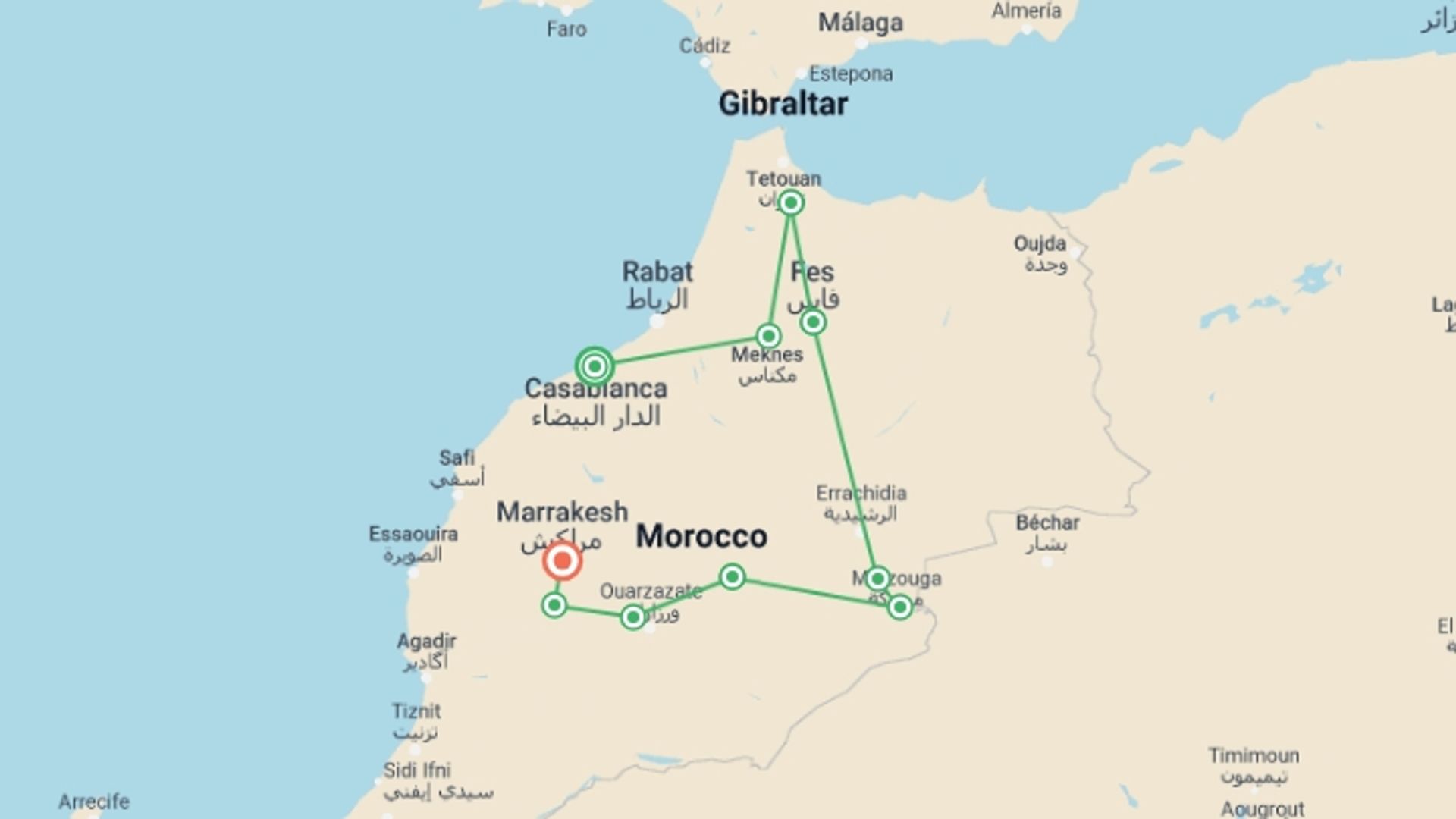 A map showing the tour itinerary for the trip: Premium Morocco in Depth, starting in Casablanca, Morocco and ending in Marrakech, Morocco going through 8 other destinations.