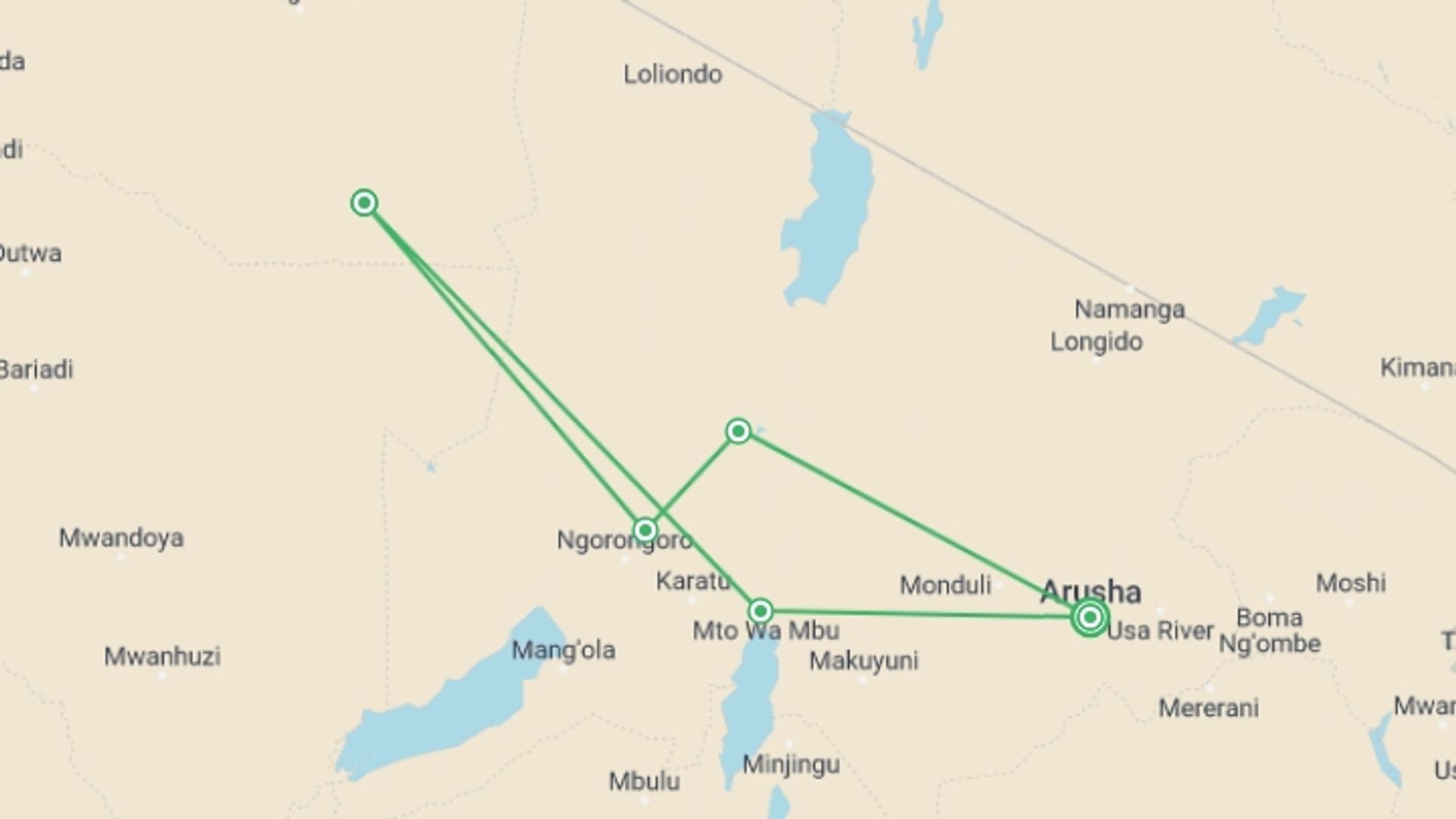 A map showing the tour itinerary for the trip: 9-Days Ultimate Tanzania North Circuit Safari, starting in Arusha, Tanzania and ending in Arusha, Tanzania going through 4 other destinations.