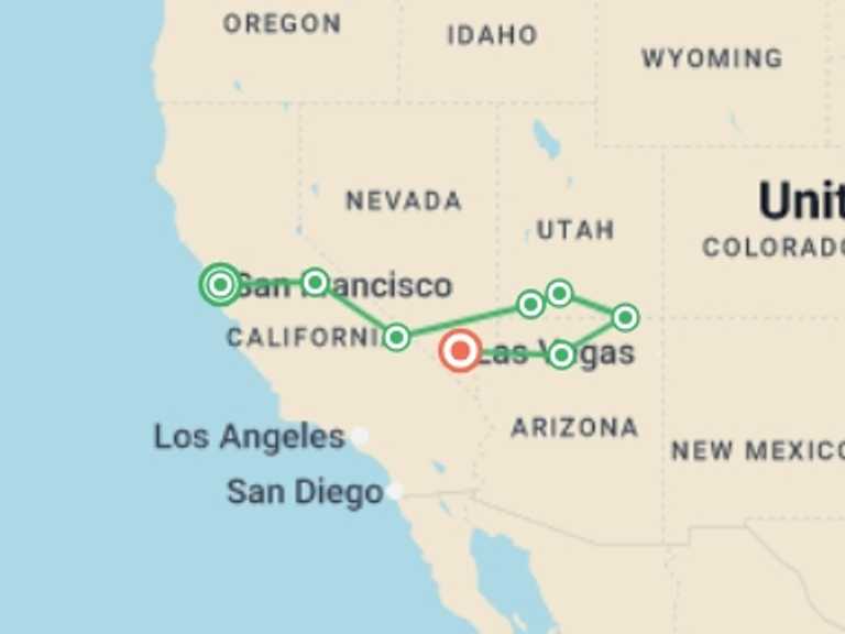 Map of North America Tour with 8 destination visits for the trip: Walking in America's Canyons & National Parks