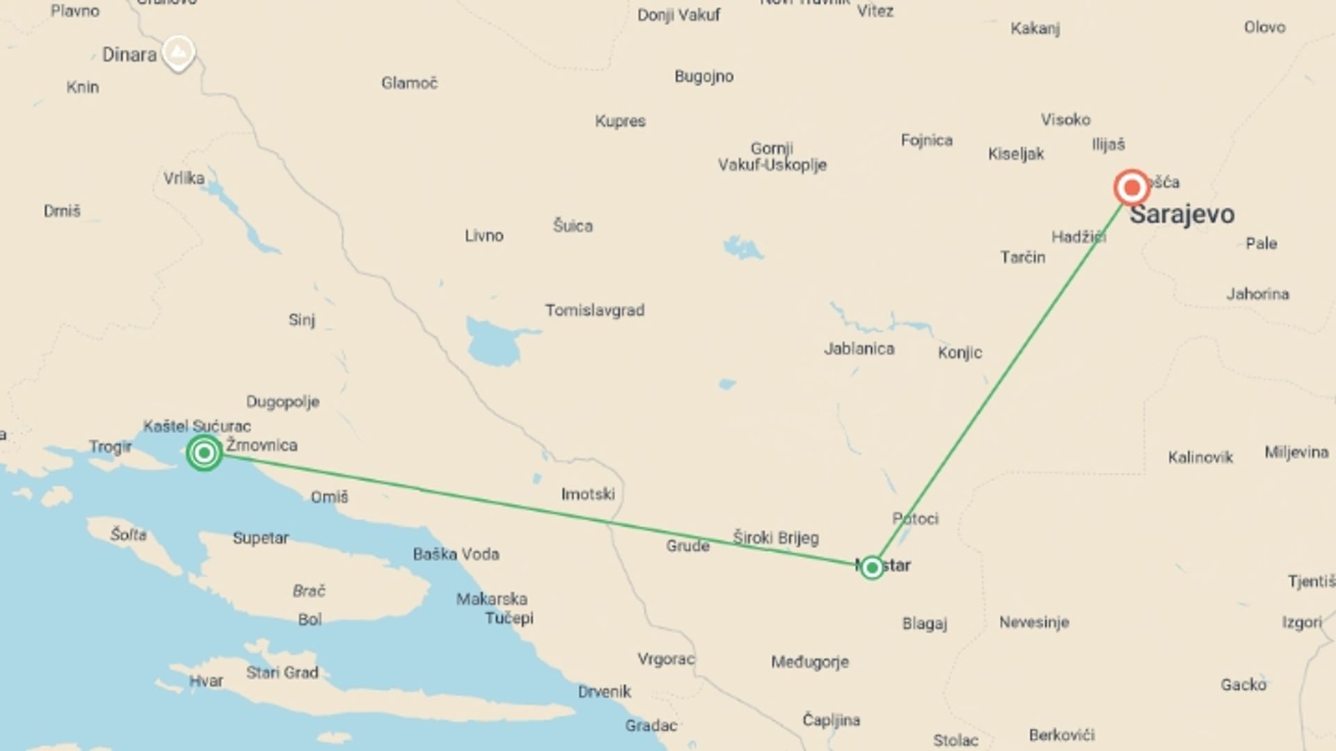 A map showing the tour itinerary for the trip: Split to Sarajevo - 4 days, starting in Split, Croatia and ending in Sarajevo, Bosnia Herzegovina going through 1 other destinations.