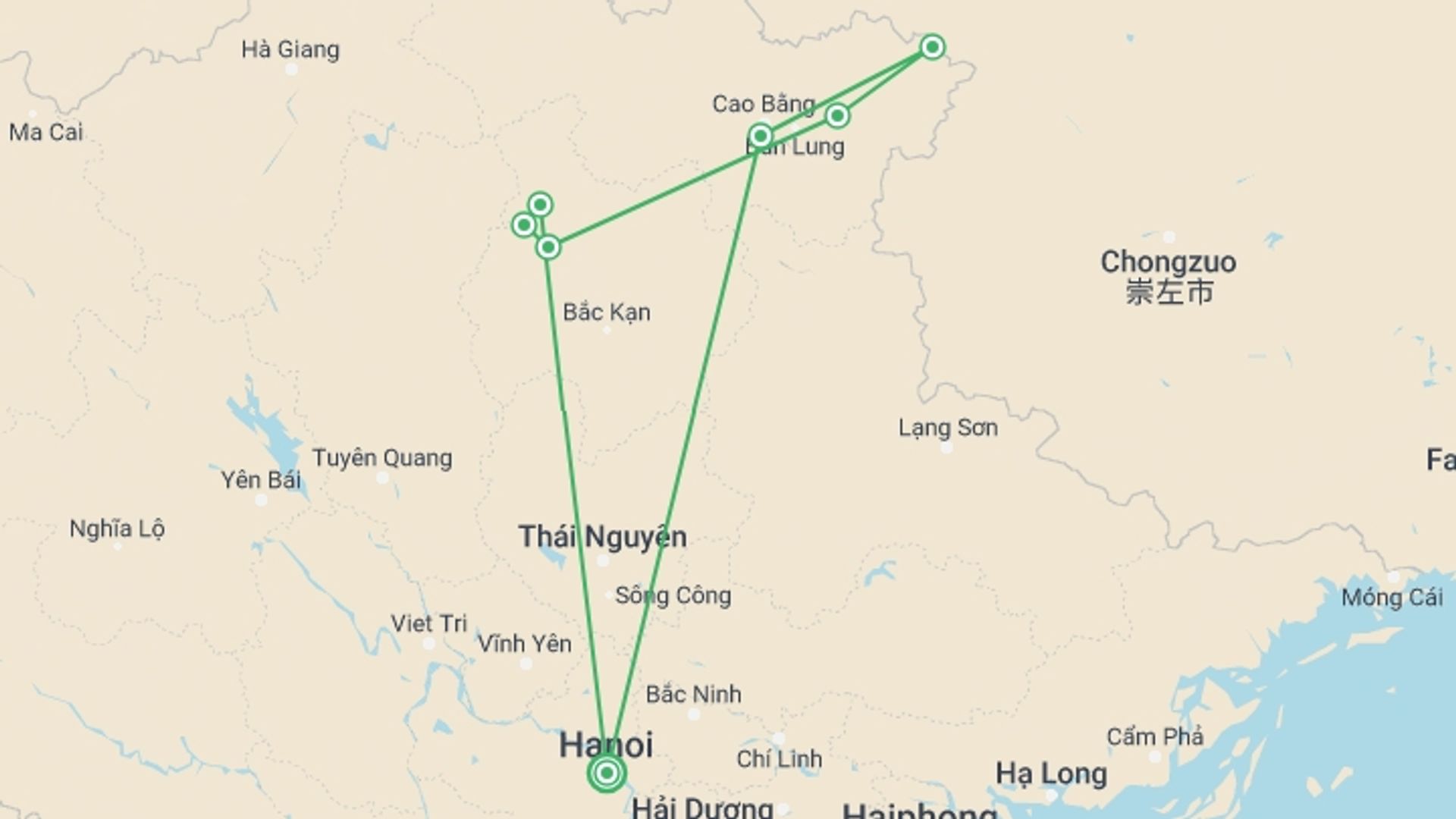 A map showing the tour itinerary for the trip: Ba Be National Park - Cao Bang 4 Days 3 Nights, starting in Hanoi, Vietnam and ending in Hanoi, Vietnam going through 3 other destinations.