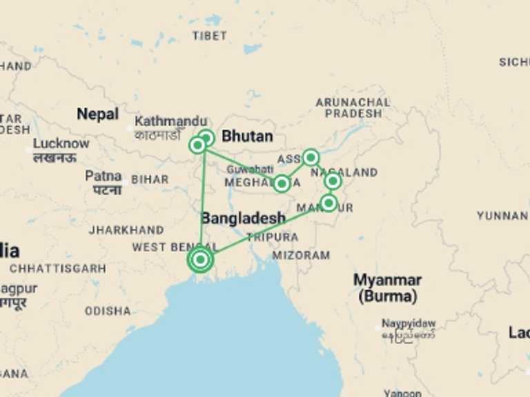 Map itinerary of India Tour in October 2026 with 7 destination visits for the trip: India Expedition: Sikkim, Assam & Nagaland