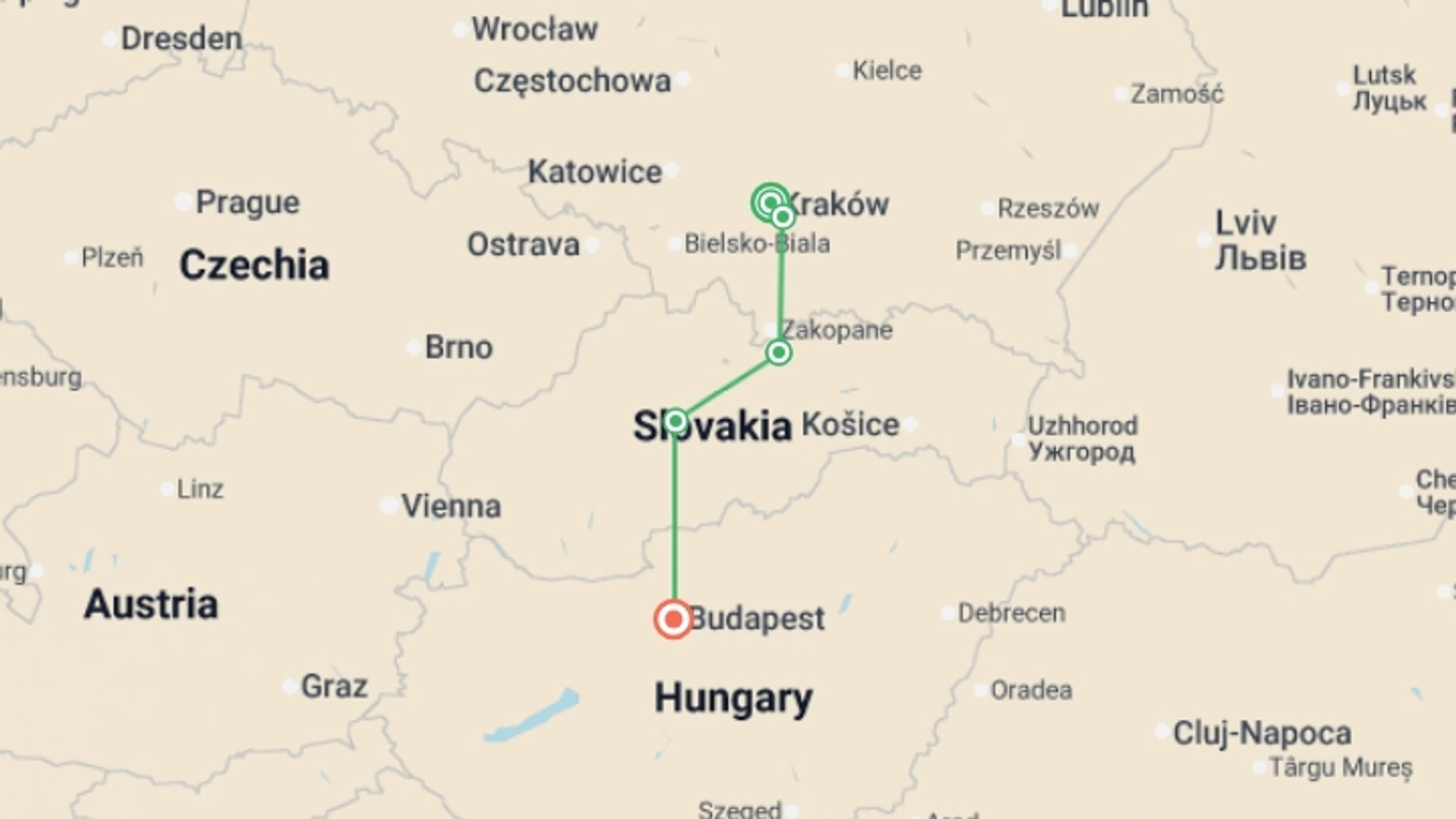 A map showing the tour itinerary for the trip: Krakow to Budapest Adventure, starting in Krakow, Poland and ending in Budapest, Hungary going through 3 other destinations.