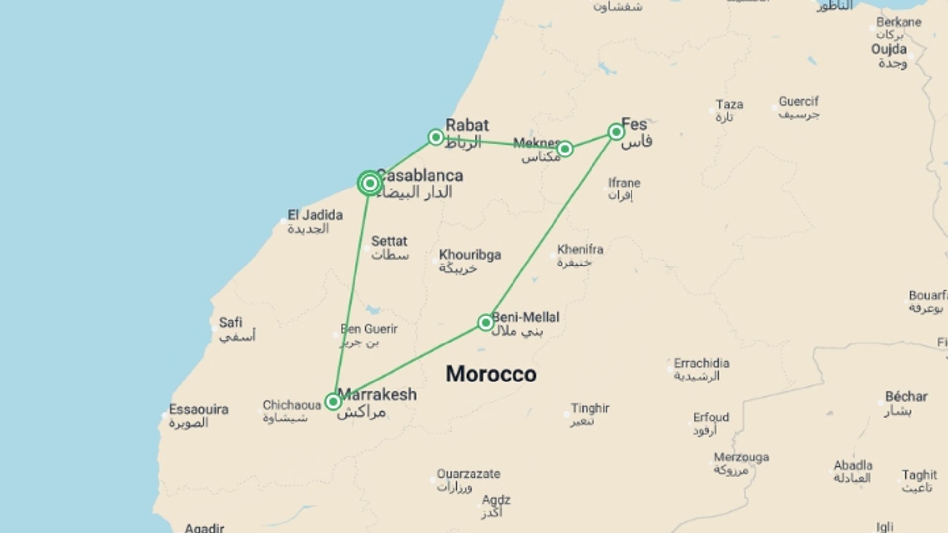 A map showing the tour itinerary for the trip: Imperial Cities Of Morocco From Casablanca 8 Days, Private Tour, starting in Casablanca, Morocco and ending in Casablanca, Morocco going through 2 other destinations.