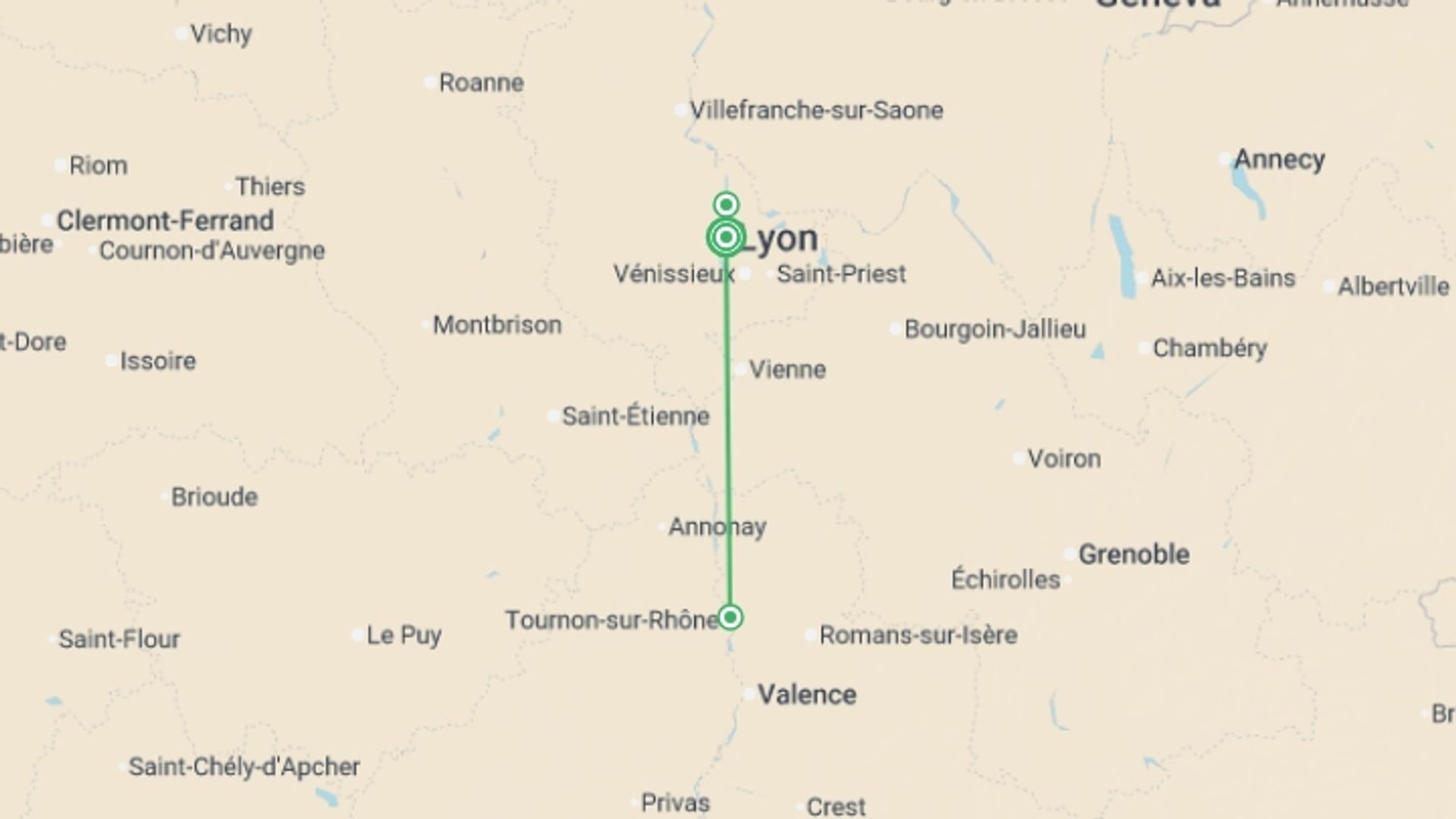A map showing the tour itinerary for the trip: The Valleys of the Rhône and Saône: Gastronomy and vineyards (port-to-port cruise), starting in Lyon, France and ending in Lyon, France going through 2 other destinations.