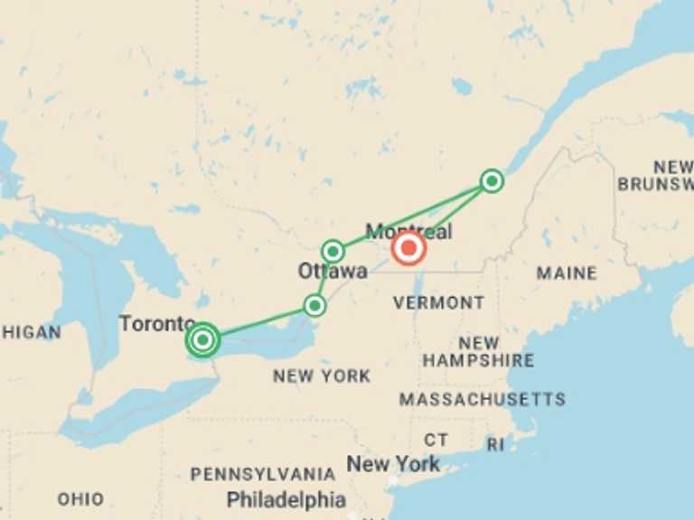 Map itinerary of Canada Tour in October 2026 with 5 destination visits for the trip: Eastern Canada by Rail