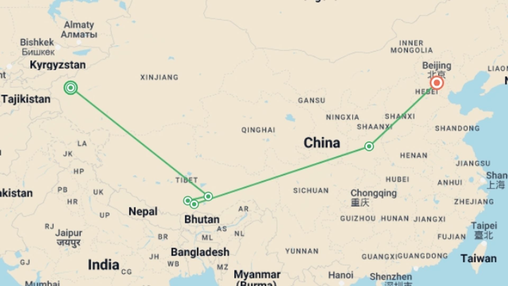 A map showing the tour itinerary for the trip: Kashgar To Beijing (23 Days), starting in Kashgar, China and ending in Beijing, China going through 4 other destinations.