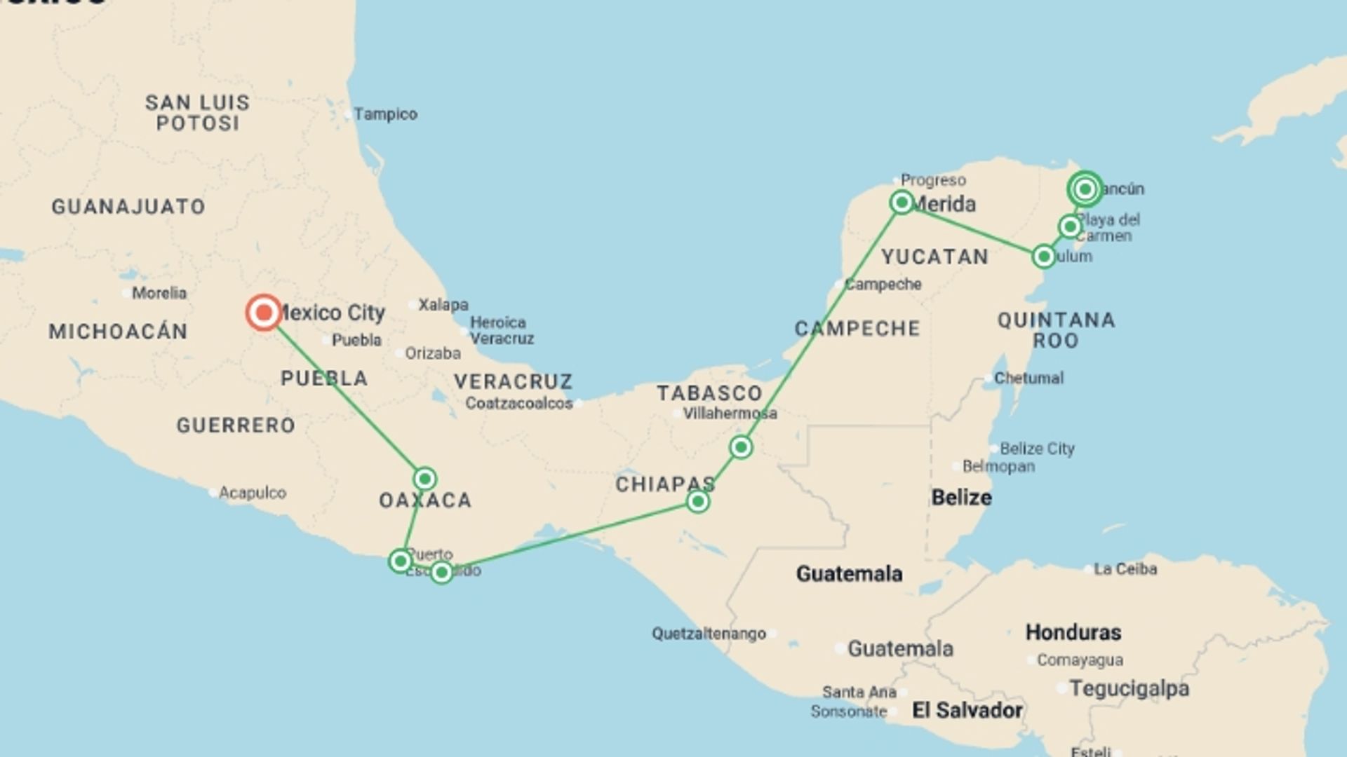 A map showing the tour itinerary for the trip: Mexico Highlights (from Cancun) Travel Pass, starting in Cancún, Mexico and ending in Mexico City, Mexico going through 8 other destinations.