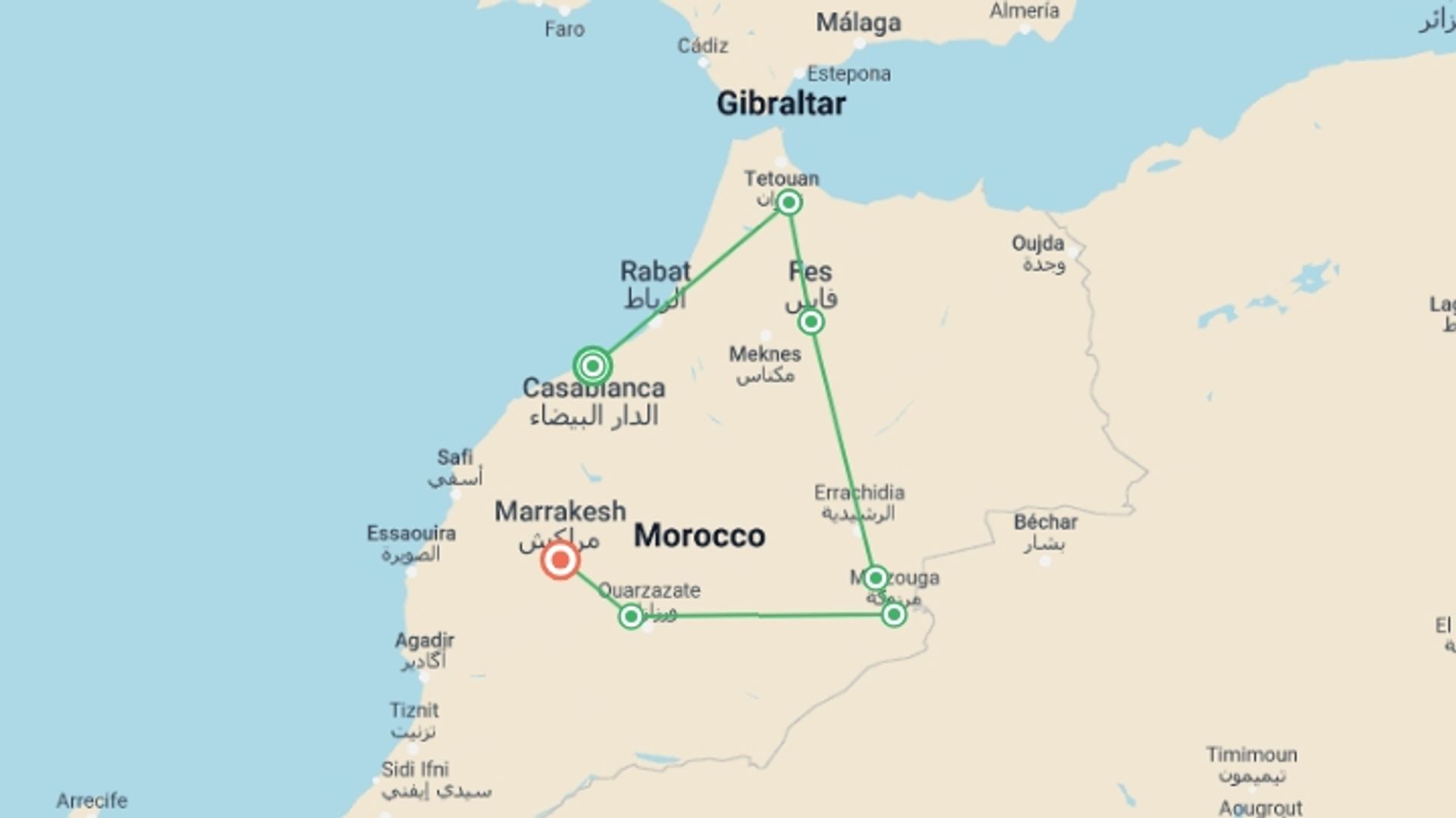A map showing the tour itinerary for the trip: Delve Deep: Morocco, starting in Casablanca, Morocco and ending in Marrakech, Morocco going through 5 other destinations.