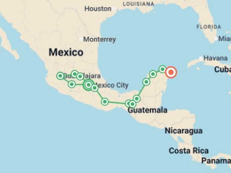 Map of North America Tour with 14 destination visits for the trip: The Mariachi route