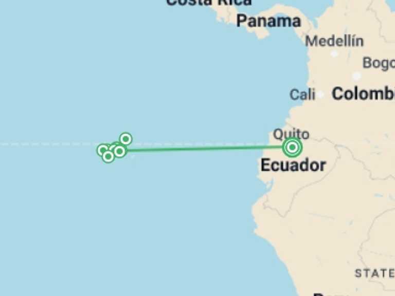 Map itinerary of Quito Tour in March 2026 with 9 destination visits for the trip: Galápagos — North, West & Central Islands aboard the Yolita