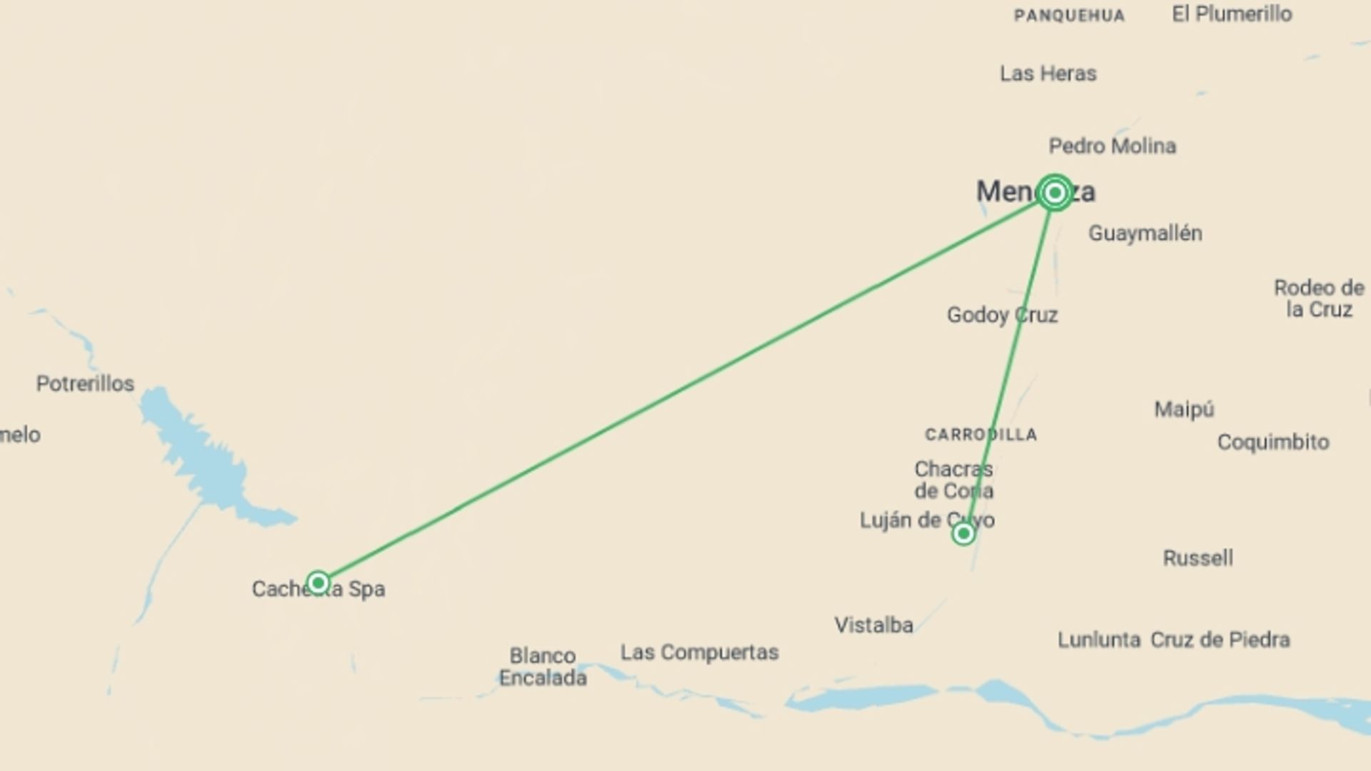 A map showing the tour itinerary for the trip: 5-Day Mendoza Luxury Tour, starting in Mendoza, Argentina and ending in Mendoza, Argentina going through 0 other destinations.