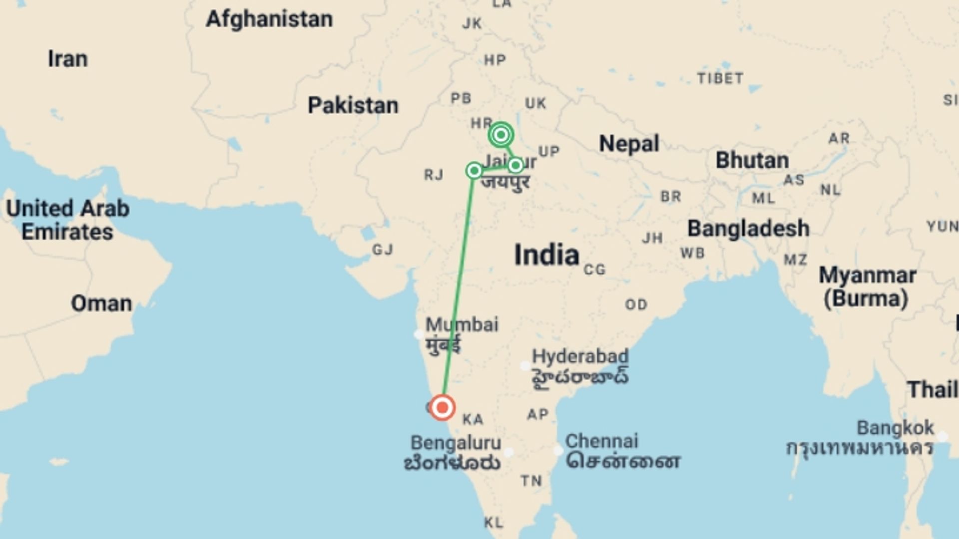 A map showing the tour itinerary for the trip: Incredible India & Beach (5 Star) - 9 days, starting in New Delhi, India and ending in Goa, India going through 2 other destinations.