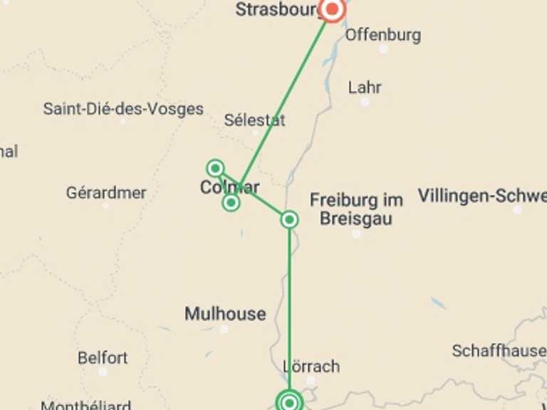 Map of 4-Day Strasbourg Tour with 4 destination visits for the trip: Magical Christmas extravaganzas in Switzerland and Alsace along the Rhine (port-to-port cruise)