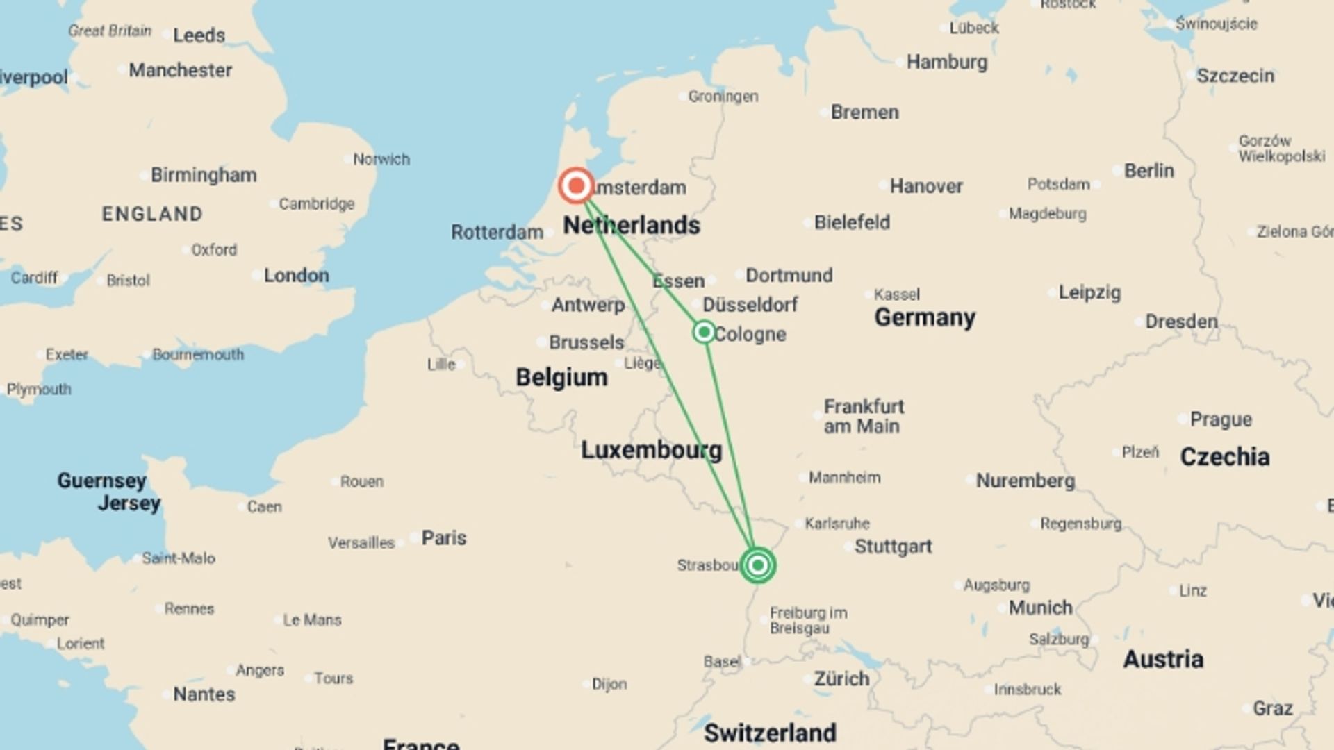 A map showing the tour itinerary for the trip: Rhineland and Dutch Christmas, starting in Strasbourg, France and ending in Amsterdam, Holland going through 1 other destinations.