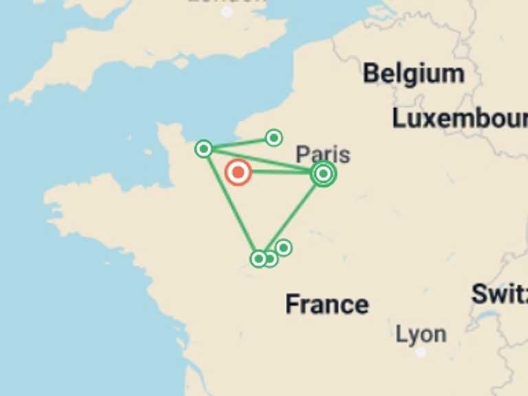 Map of France Local culture Tour with 4 destination visits for the trip: Scenic Paris Normandy and Loire Self Drive