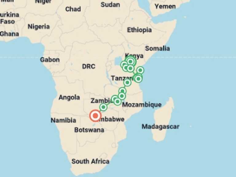 Map of Nairobi Wildlife Tour with 15 destination visits for the trip: Serengeti to Victoria Falls Overland: Night Stars & Spices