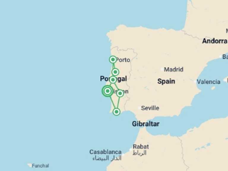 Map of Fátima City sightseeing Tour with 6 destination visits for the trip: Complete Portugal