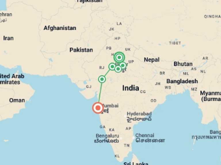 Map of Udaipur City sightseeing Tour with 7 destination visits for the trip: Passage to India end in Mumbai - 12 days