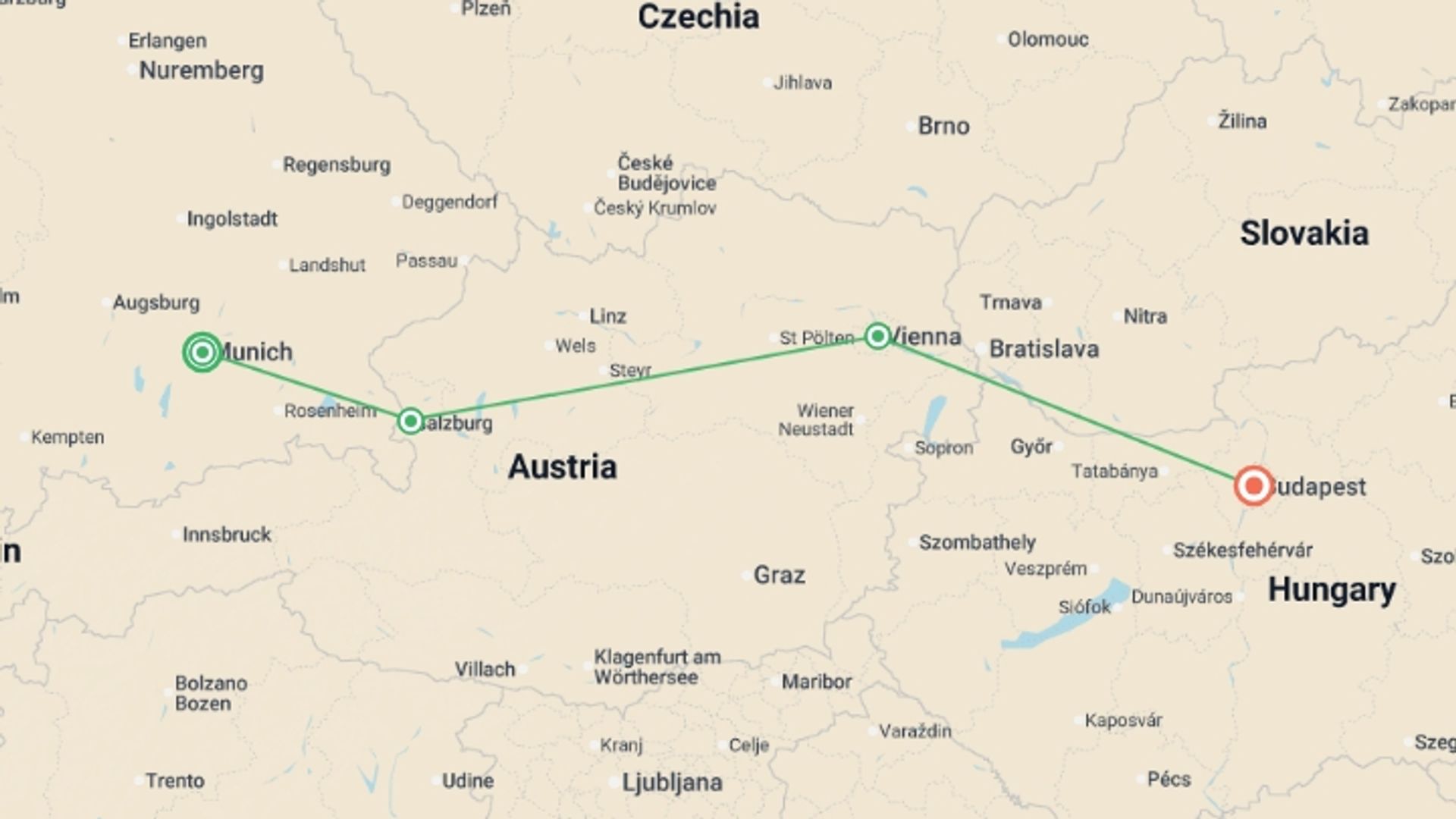 A map showing the tour itinerary for the trip: Europe Christmas Markets: Munich to Budapest, starting in Munich, Germany and ending in Budapest, Hungary going through 2 other destinations.