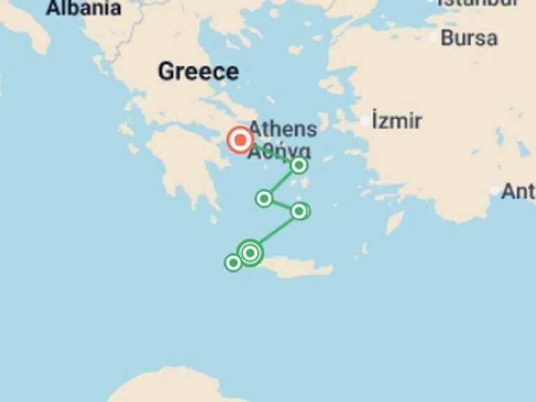 Map itinerary of Europe Tour in May 2026 with 7 destination visits for the trip: Greece: See & Experience it all in 11 days, Luxury Tour 
