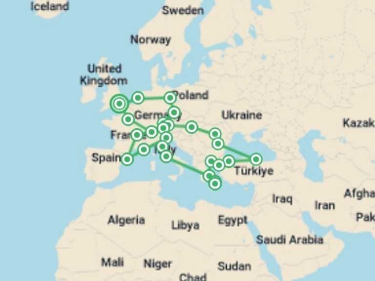 Map itinerary of England Tour in May 2026 with 25 destination visits for the trip: Ultimate European