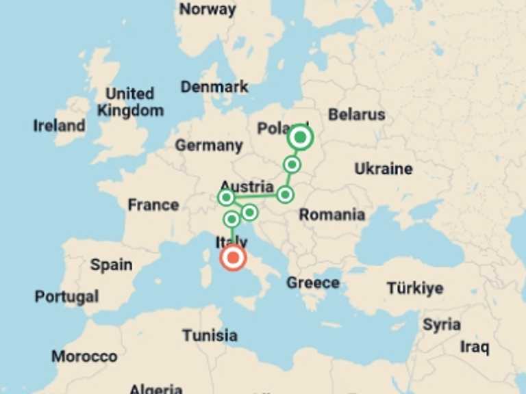 Map of Budapest Adventure Tour with 7 destination visits for the trip: Warsaw to Rome Vistas