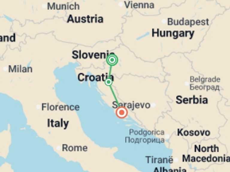 Map of Zagreb City sightseeing Tour with 2 destination visits for the trip: Zagreb to Split - 4 Days
