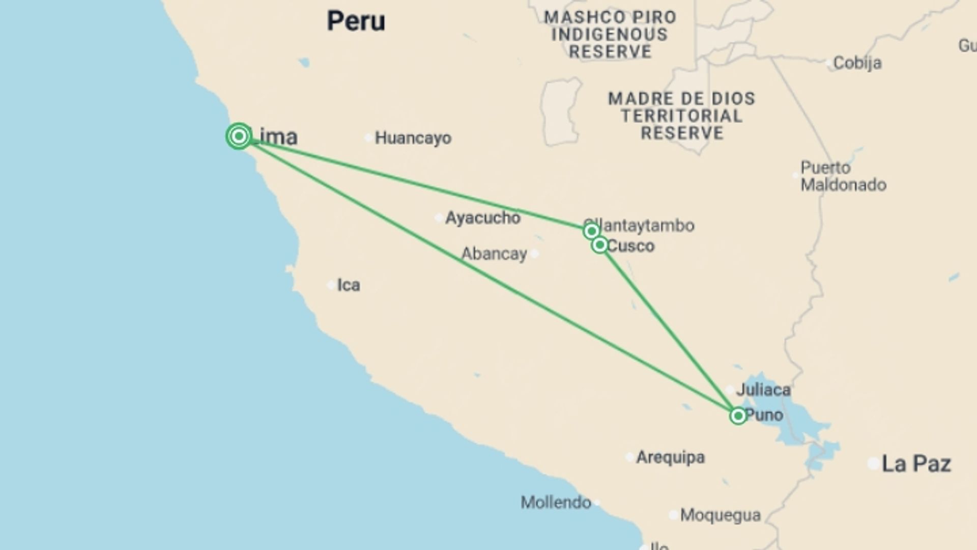 A map showing the tour itinerary for the trip: Sacred Valley, Machu Picchu & Titicaca - 8 days, starting in Lima, Peru and ending in Lima, Peru going through 3 other destinations.