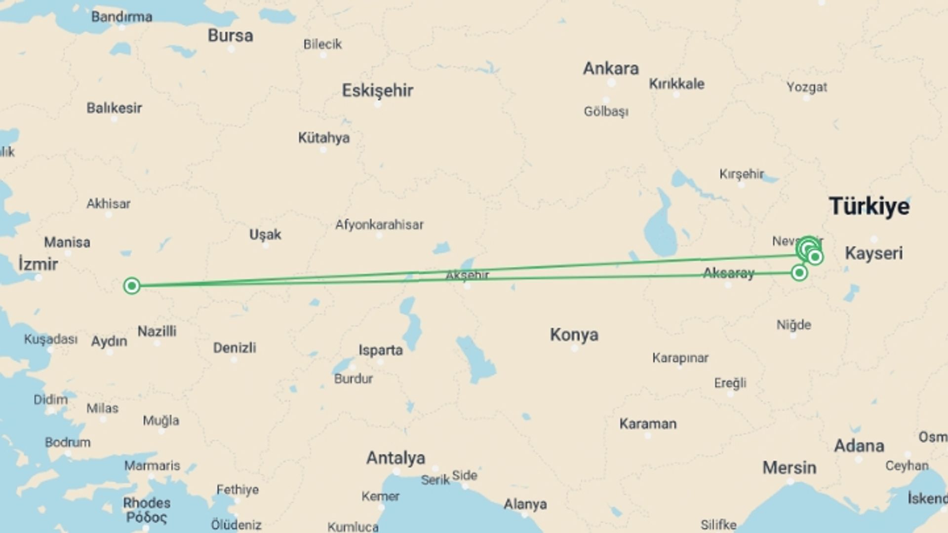 A map showing the tour itinerary for the trip: Walking in Cappadocia, starting in Goreme, Turkey and ending in Goreme, Turkey going through 5 other destinations.