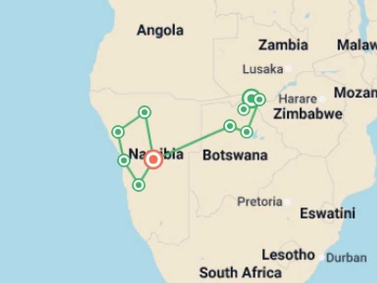 Map itinerary of Africa Tour in September 2026 with 10 destination visits for the trip: Premium Botswana & Namibia