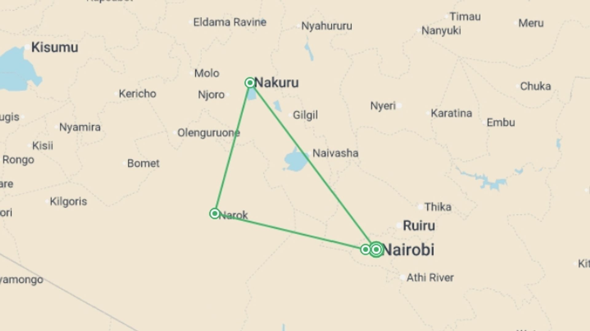 A map showing the tour itinerary for the trip: Kenya Wildlife Wonders - 9 days, starting in Nairobi, Kenya and ending in Nairobi, Kenya going through 3 other destinations.