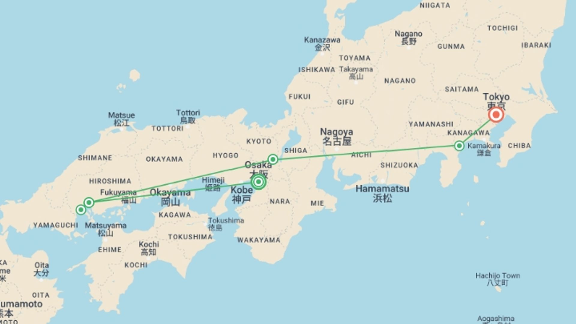A map showing the tour itinerary for the trip: Historical Japan with Hiroshima, starting in Osaka, Japan and ending in Tokyo, Japan going through 6 other destinations.