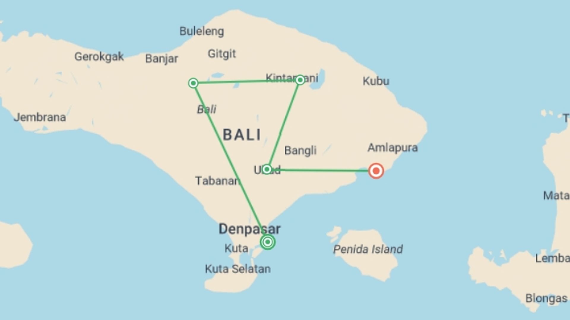 A map showing the tour itinerary for the trip: Classic Bali, starting in Sanur, Indonesia and ending in Candidasa, Indonesia going through 3 other destinations.